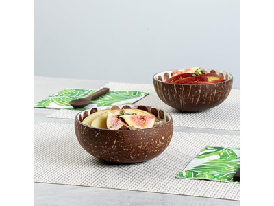 Acai Salad Bowl Set Handmade Craft Handy Coconut Monkey Mosaic Half Shells