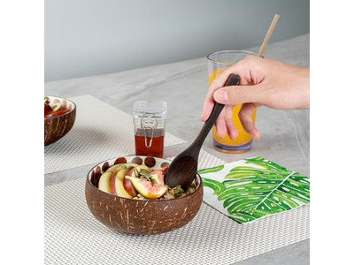 Acai Salad Bowl Set Handmade Craft Handy Coconut Monkey Mosaic Half Shells